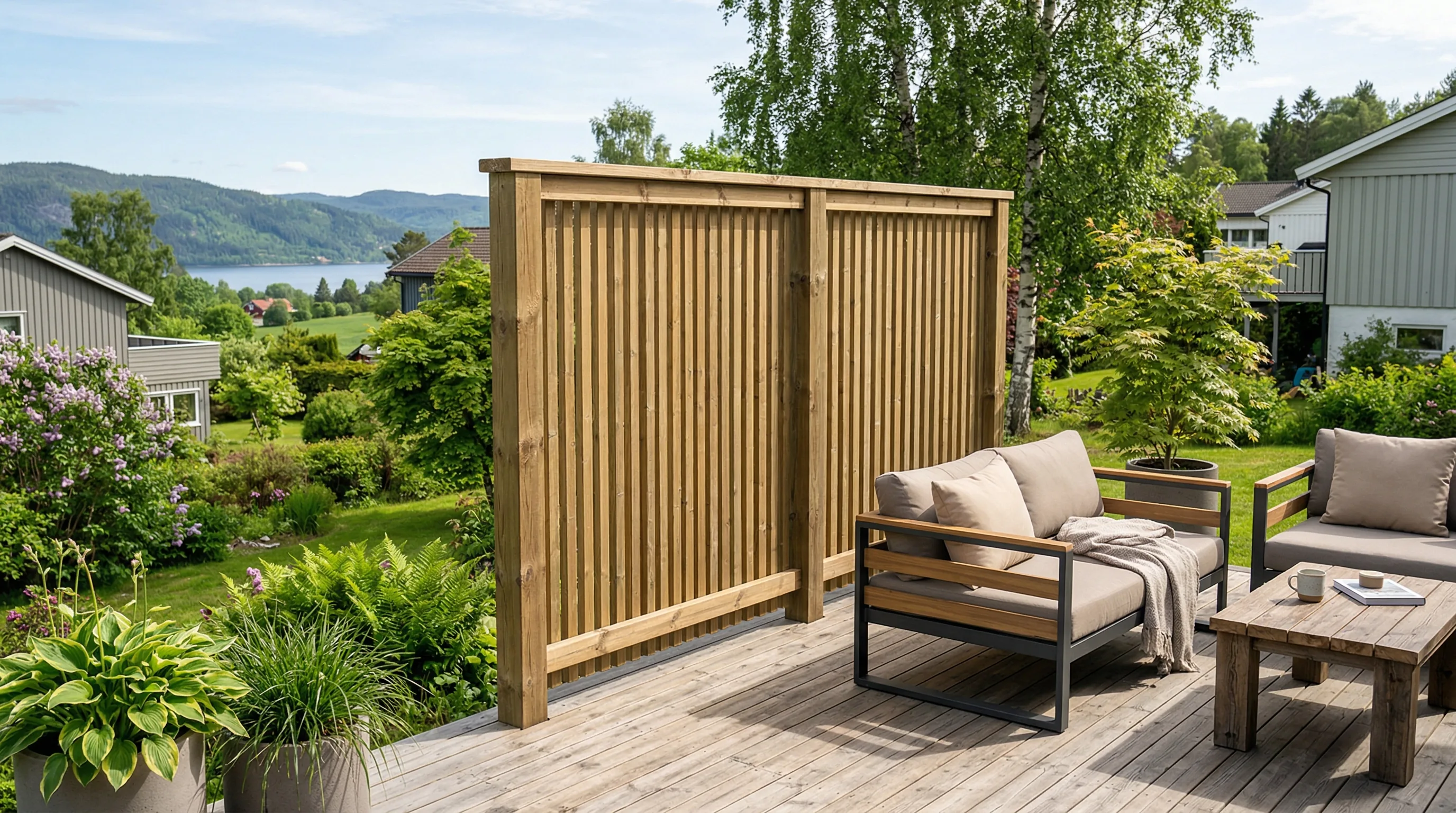 Freestanding wooden slat wall on a modern terrace with garden behind