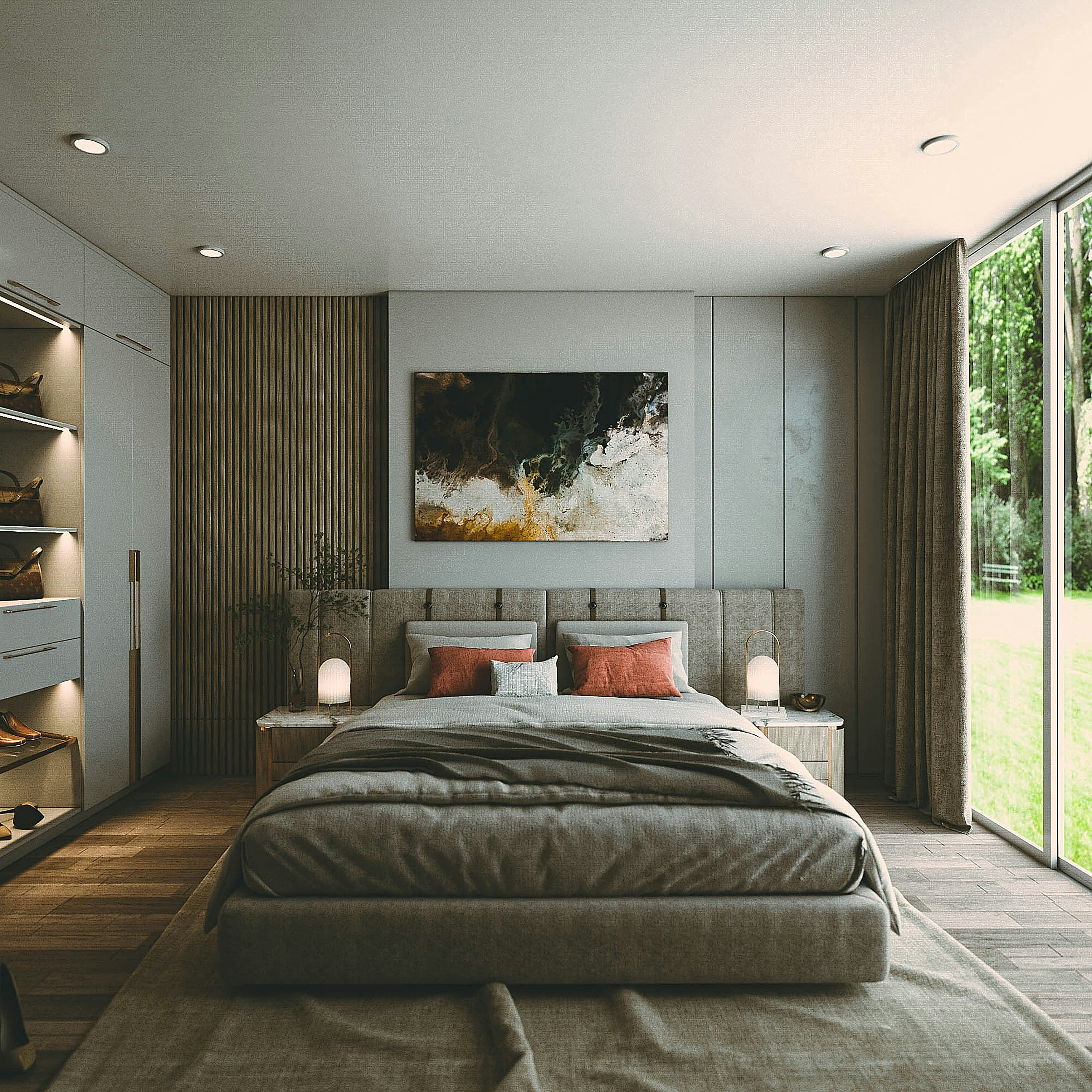 Large bed with slatted wall detail