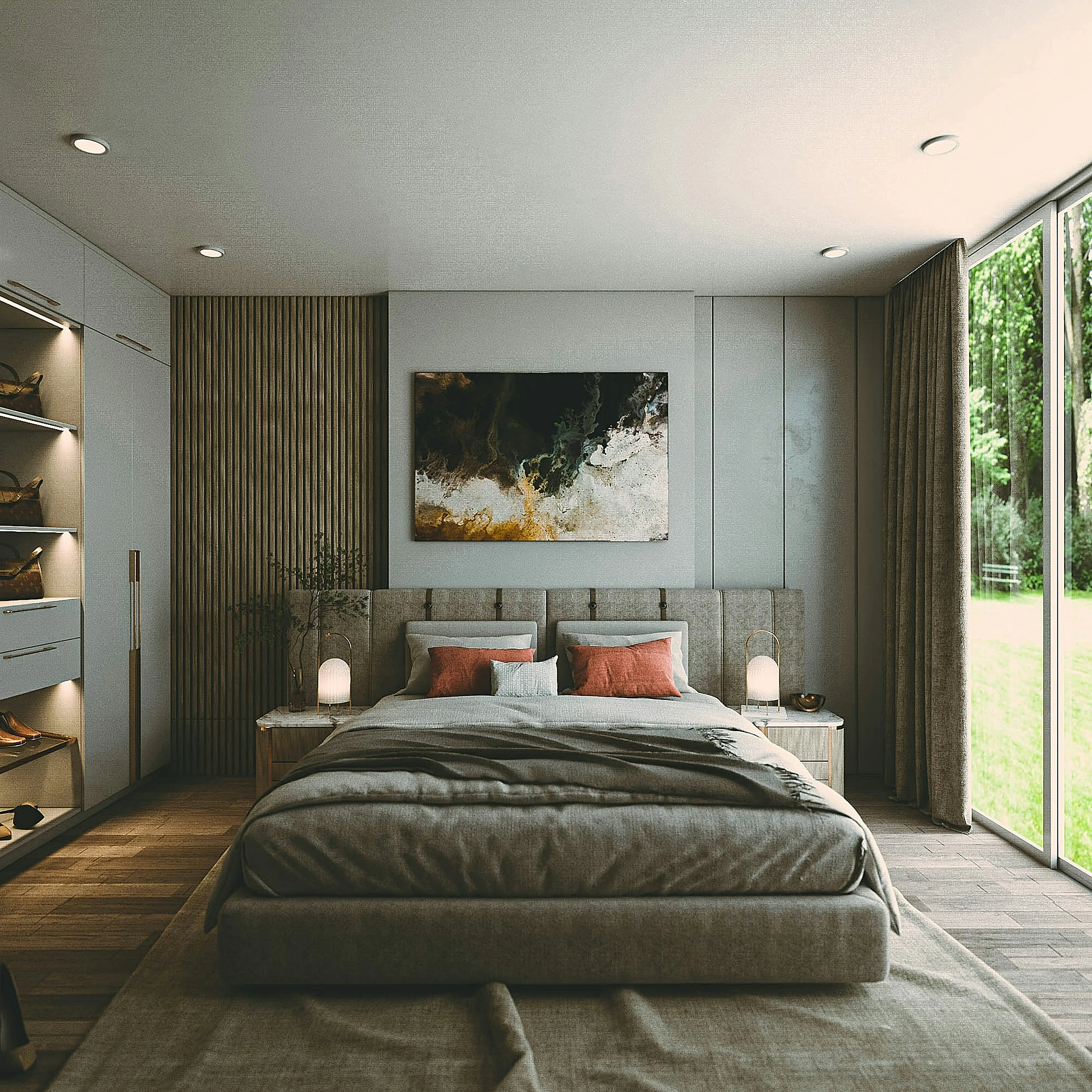 Large bed with slatted wall detail