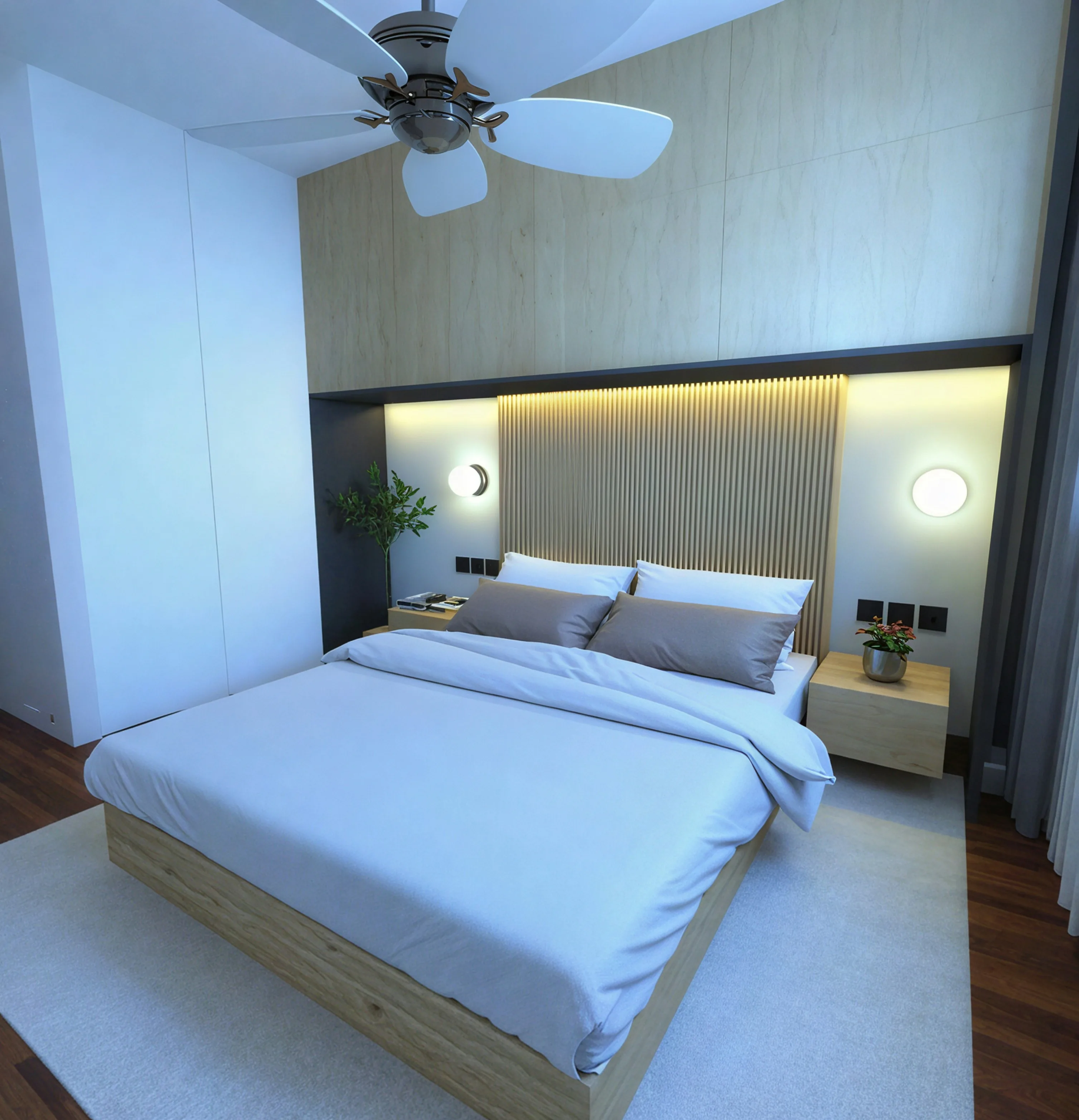 Modern bedroom with slatted headboard